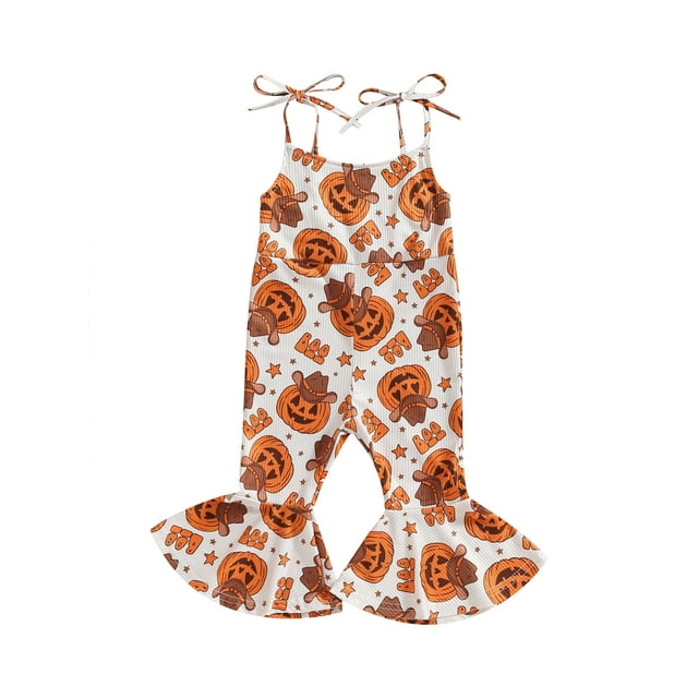Diconna Combinaison d'Halloween pour Tout-Petites Filles, Barboteuse Sans Manches à Nouer à Pattes d'Éléphant Imprimée Fleurs/citrouilles