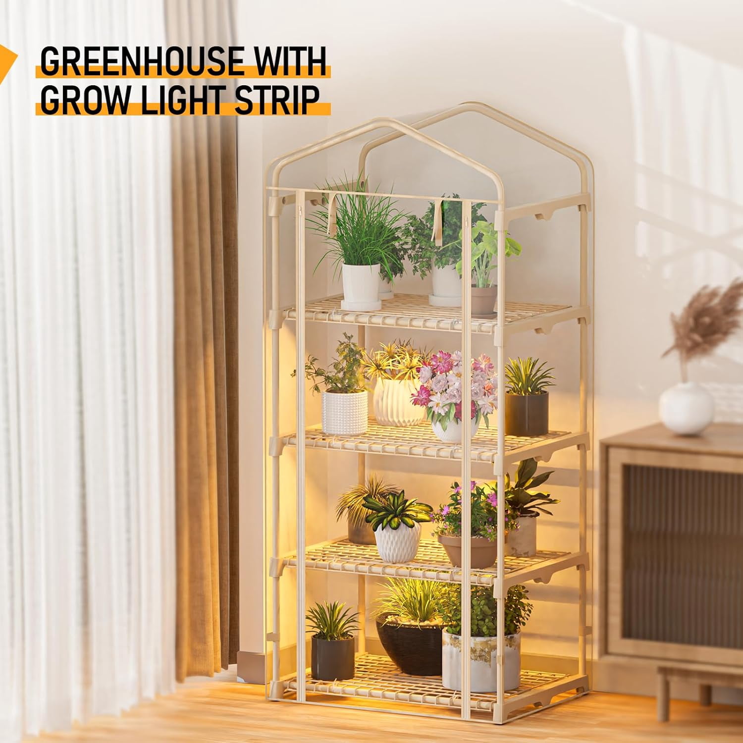 SPECILITE Indoor Greenhouse with Grow Lights, 4 Tiers 27.6"L×19.3"W×61.4"H Outdoor Mini Green House with Zip PVC Cover  and Dimmable 15W Plant Light with Timer for Seed Starting Trays