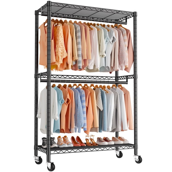 Exenoray Rolling Closet Organizer with Wheels, Single Column Garment Rack with Shelves & Hanging Rods, Heavy Duty Metal Clothing Rack, Adjustable Storage,35.5" W x 15.7" D x 79" H , Black