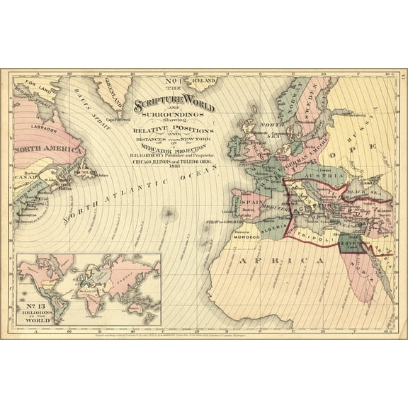 24"x36" Gallery Poster, bible map of scripture world; israel egypt 1881