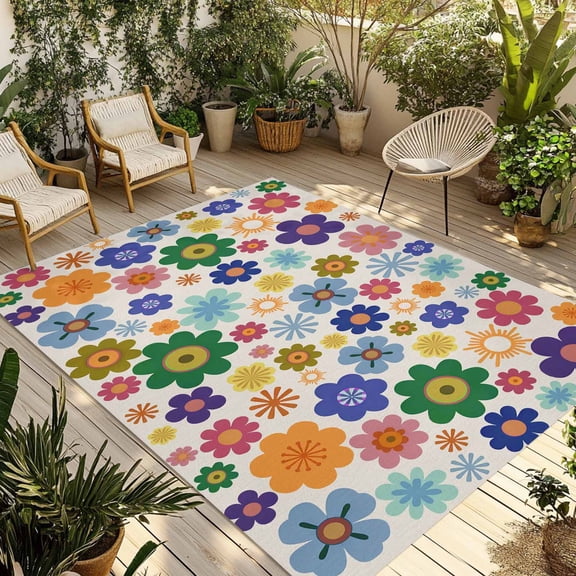 Retro Bohemia Floral Outdoor Rug for Patio/Deck/Porch, Non-Slip Large Area Rug 5 x 7 Ft, Blue Purple Flowers Boho Style Beige Indoor Outdoor Rugs Washable Area Rugs, Camping Rug Carpet Runner