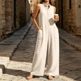 thumbnail image 5 of Puyaiuu Women Summer Stand Collar Button Front Sleeveless Wide Leg Linen Blend Jumpsuit White XL Gift, 5 of 7