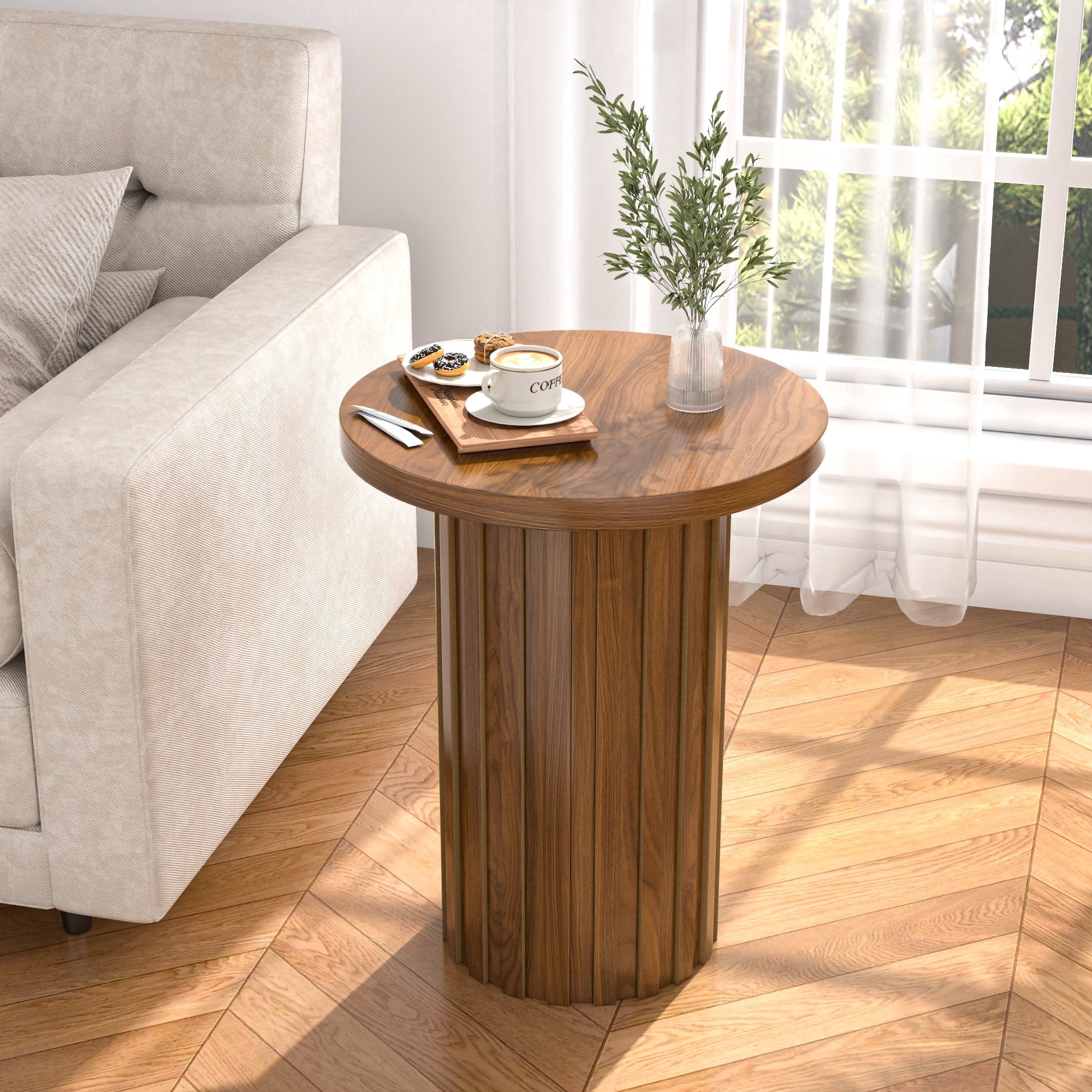 Small Round End Table Farmhouse Accent Side Table Modern Nightstand for Living Room Bedroom (Walnut)