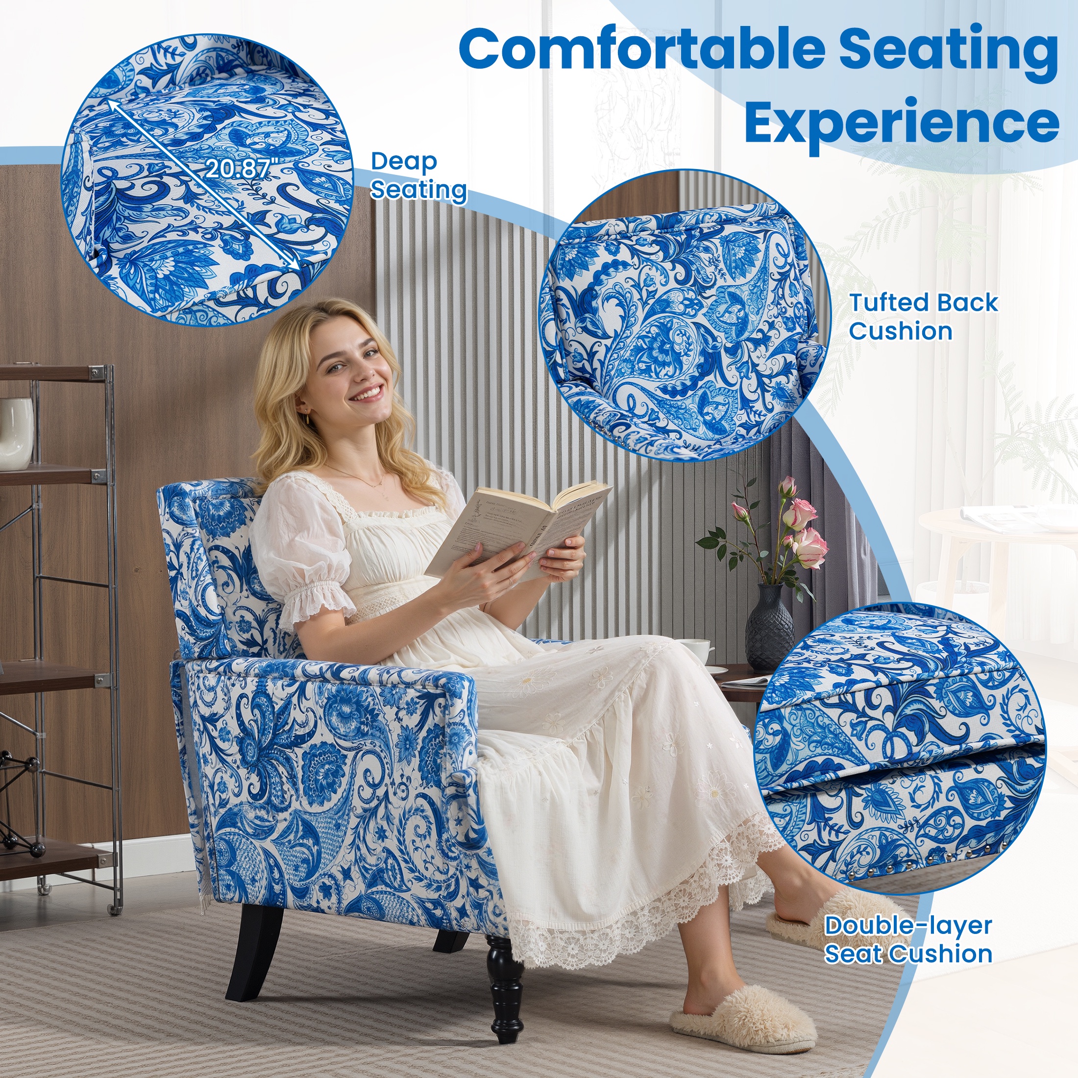 LEGAHOME Vintage Accent Chair, Upholstered Armchair with Nailhead Trim, Linen Fabric Arm Chair Comfort Reading Chair Lounge Chair for Living Room Bedroom Sunroom, Blue(1PC)