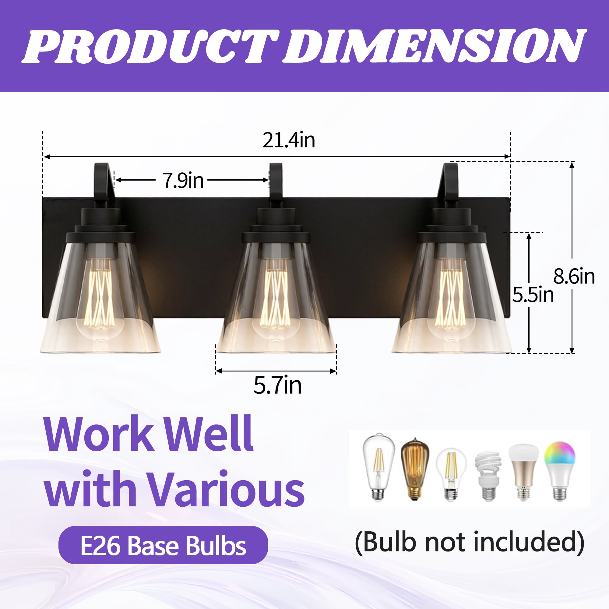 GCGAFUL 21.4" 3-Light Bathroom Vanity Light, Modern Black Vanity Light Fixtures Over Mirror with Clear Glass, Farmhouse Makeup Light for Salon Decor