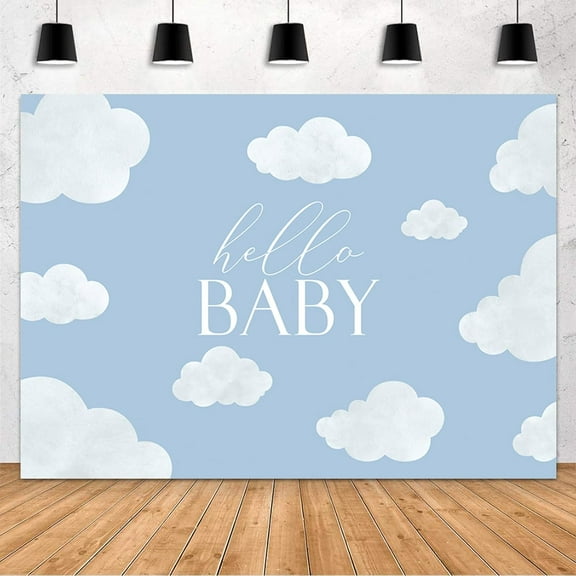 Hello Baby Baby Shower Backdrop Blue Baby Birthday Photography Background Blue Sky White Cloud Baby Shower Party Decorations Cake Table Banner Supplies Photo Studio Props