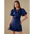 thumbnail image 7 of Navy Blue Satin Mini Dress With Puff Sleeves, Bow Neck, V-Neck Cutout And Ruched Waist, 7 of 7