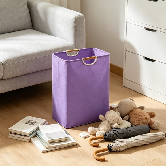 Kmonabie Collapsible Linen Laundry Hamper, 100% Polyester Clothes Storage Basket with Wooden Handles, Large Capacity Waterproof Foldable Toy Organizer Bin for Bedroom Bathroom, Purple
