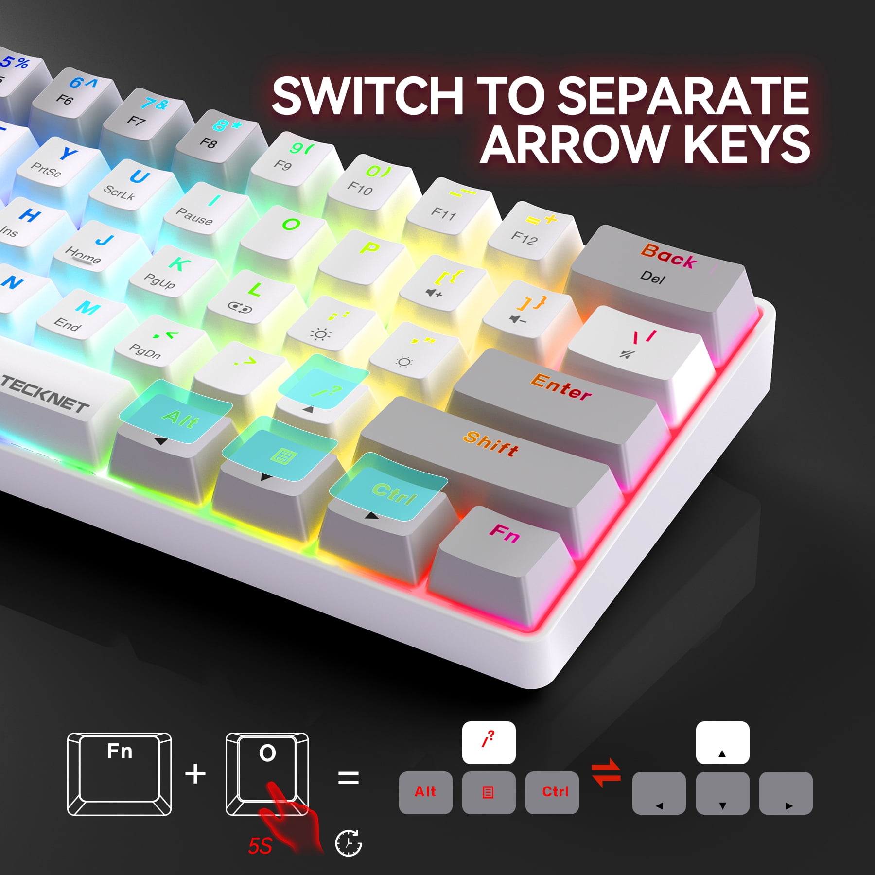 TECKNET Ultra Compact Mechanical Keyboard with 60% Cable, RGB Keyboard, White USB Keyboard with Red Switch, Illuminated Keyboard with Adjustable Stand, Clicky Portable Keyboard