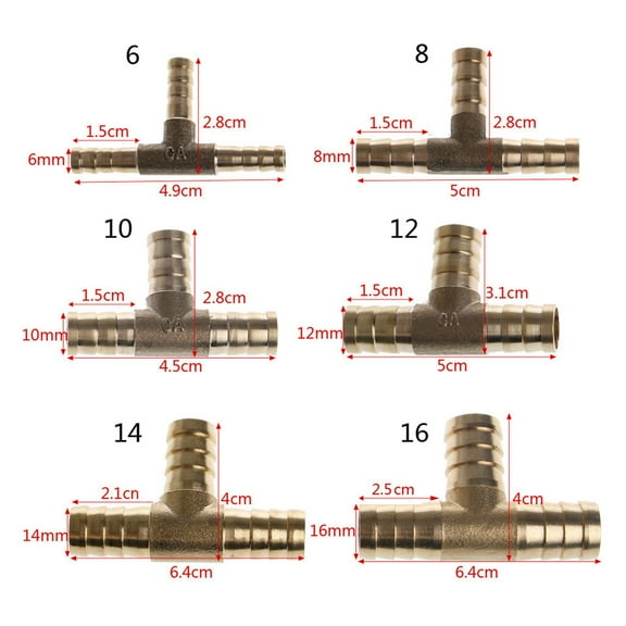 UNTERING Brass Barb Hose Fitting Connector 3-way Hose Joint Tube T-shape Pipe Fittings For Oil (6-16mm/0.24-0.63'' )