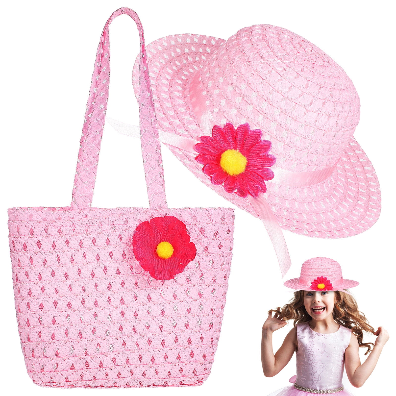 Kid Girls Beach Straw Hat and Bag Set Flower Decorative Summer Tea