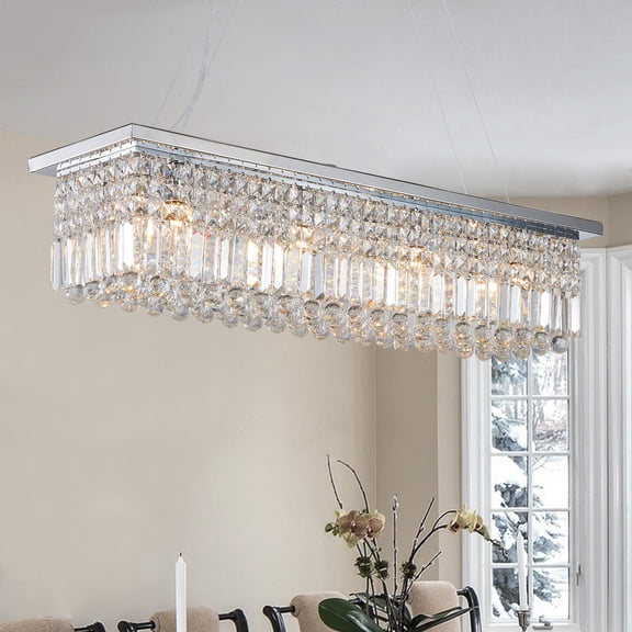 Jopath 39" Modern Crystal Chandelier, 8-Light Rectangle Raindrop Chandelier Luxurious Pendant Light Fixture for Kitchen Island Bar White (Bulb Not Included)