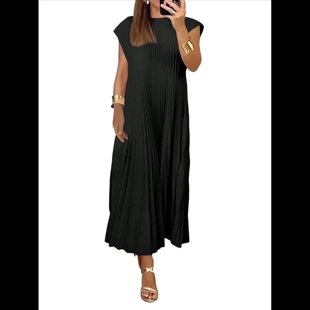 Vestidos Largos Plisados de Iglesia para Mujer, Informales, de Verano, de Corta, con Cuello Redondo, Sueltos y Vaporosos. Negro XXXL