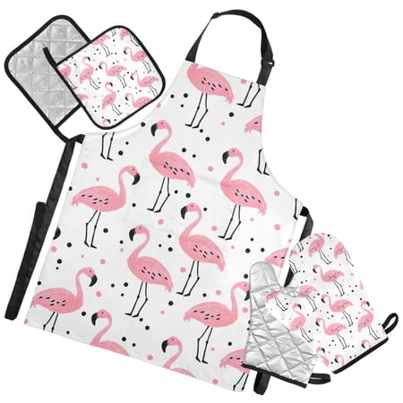 Ryvnso Flamingo Polka Dots Kitchen Apron Oven Mitts Set Pot Holders