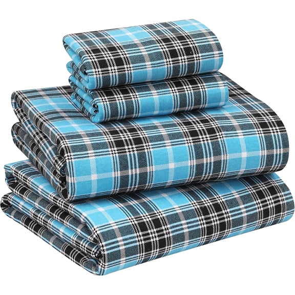 RUVANTI Flannel Sheets Queen Size - 100% Cotton Double Brushed Bed Sheets, Deep Pockets 16 Inches Queen Sheet Set, All Seasons Breathable & Extra Soft - Warm & Cozy, 4 Piece, Teal Plaid