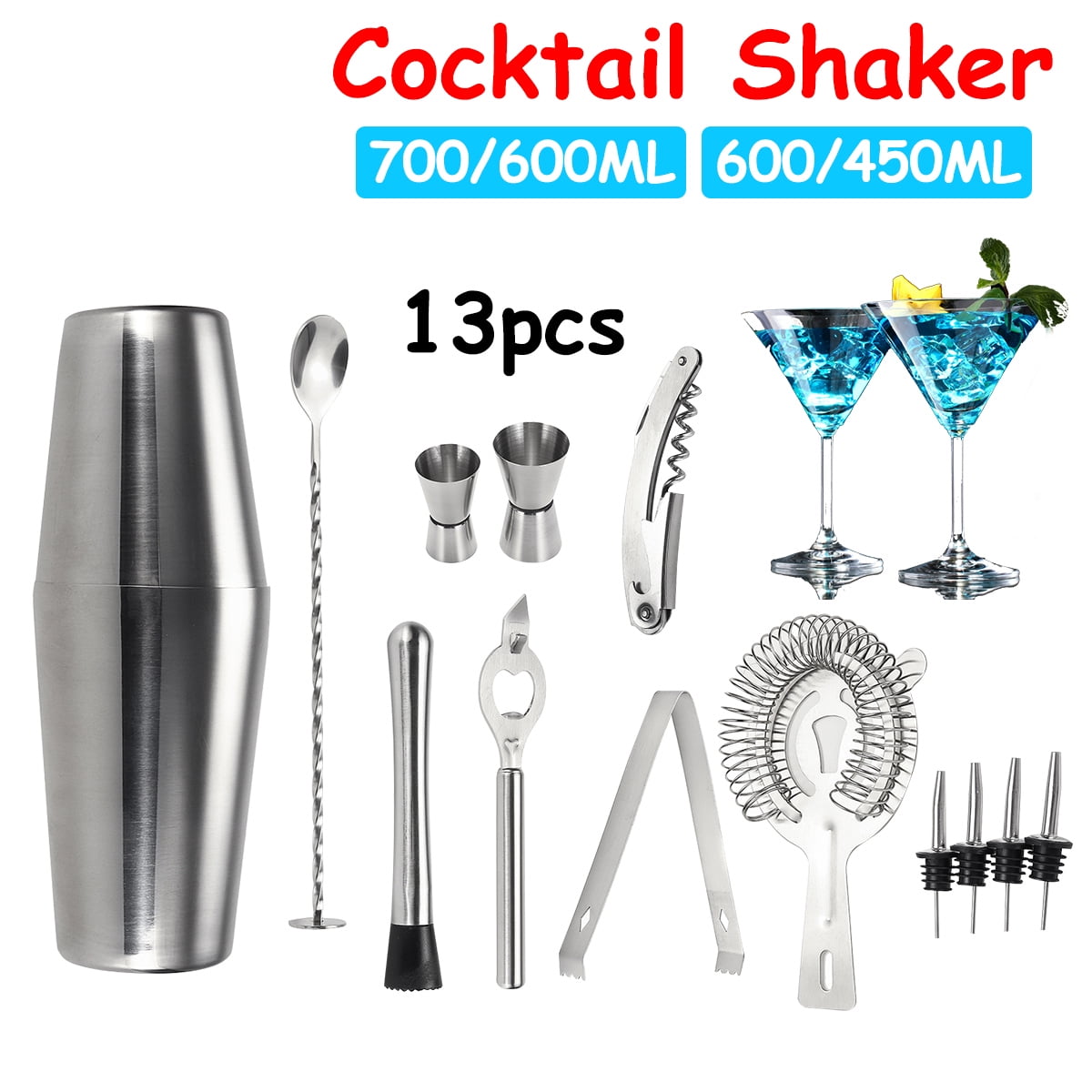 13pcs Stainless Steel Boston Cocktail Shaker Set Stainless Steel