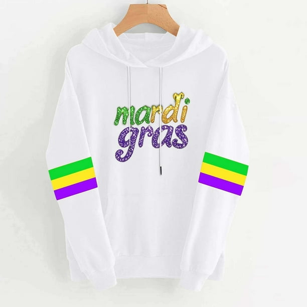 Uootdi Mardi Gras Womens Drawstring Hoodies for Women Carnival Crewneck Heart Print Hooded Long Sleeve Pullover Festive Color Block Loose Sweatshirts Gift