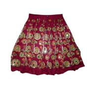 Mogul Women's Mini Skirt Maroon Sequin Embroidered Rayon Summer Skirts