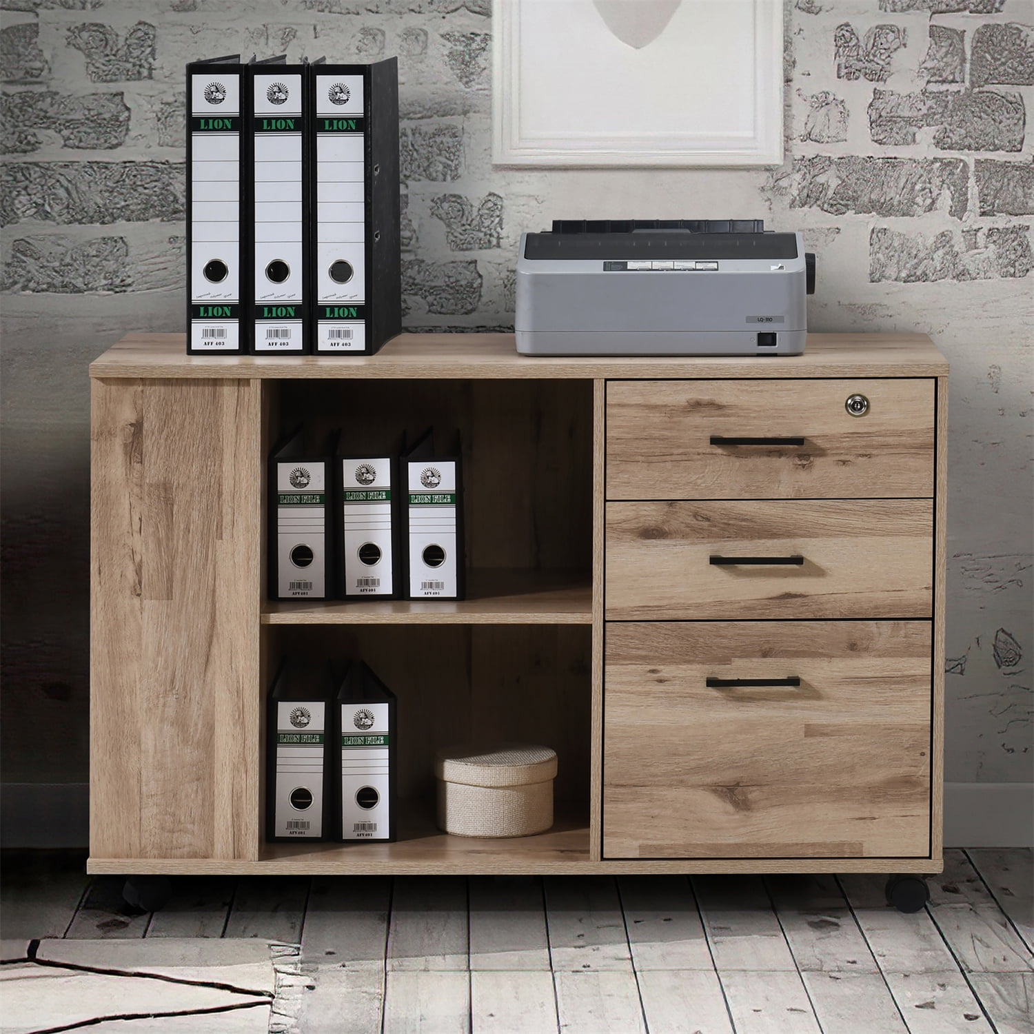 3-Drawer Oak Wood 39.37 in. W Lateral File Cabinet