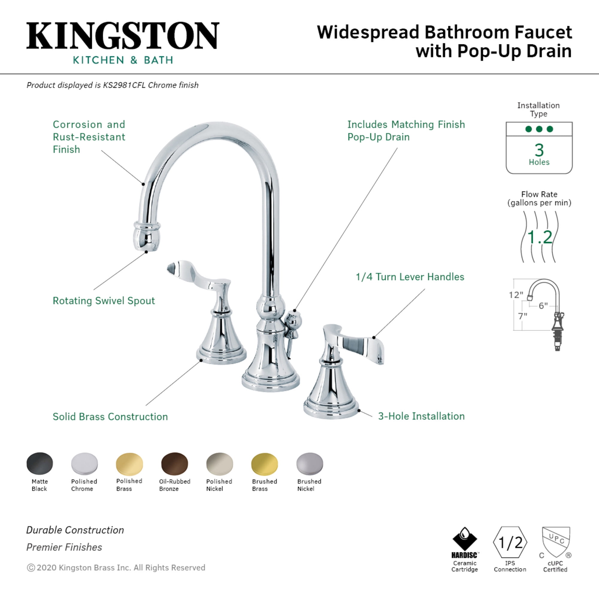 Kingston Brass KS2988CFL Century Widespread Bathroom Faucet with Brass Pop-Up, Brushed Nickel
