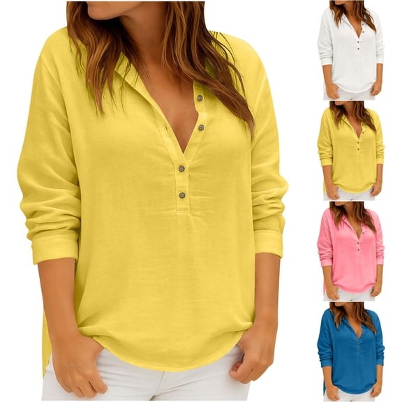 Horkkom Linen Shirts for Women V Neck Button Long Sleeve Blouses Casual Loose Solid Color Summer Tops L