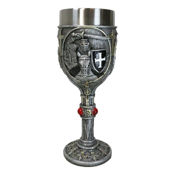 Medieval Templar Crusader Dark Knight Suit of Armor On Horse Wine Goblet Chalice