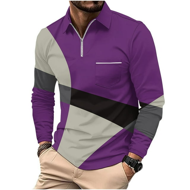 Birdeem T-Shirts à Manches Longues pour Hommes T-Shirts Décontractés Imprimés à Fermeture Éclair T-Shirt à Manches Longues Col Rabattu T-Shirts à Manches Longues pour Hommes