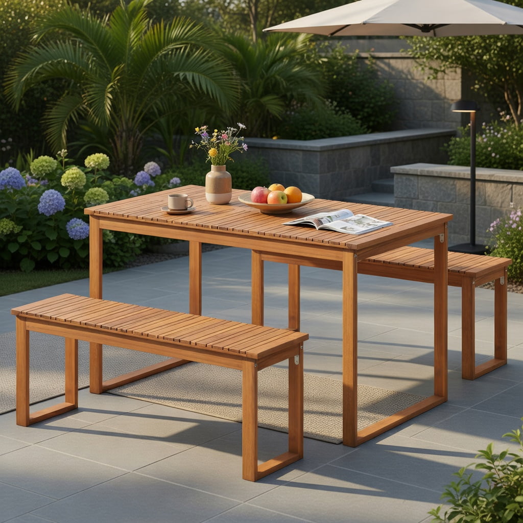 Hommoo Acacia Wood Outdoor Garden Bench Set of 2, Slatted Seat Patio Bench for Porch, Balcony & Backyard, Natural