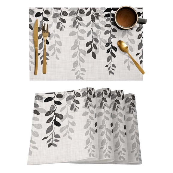 Grey Ombre Botanical Placemats Set of 4, Watercolor Gray Pastoral Leaf Rustic Placemats for Dining Table, Place Mats for Kitchen Tabletop, Waterproof Wipeable Dining Table Mats Set