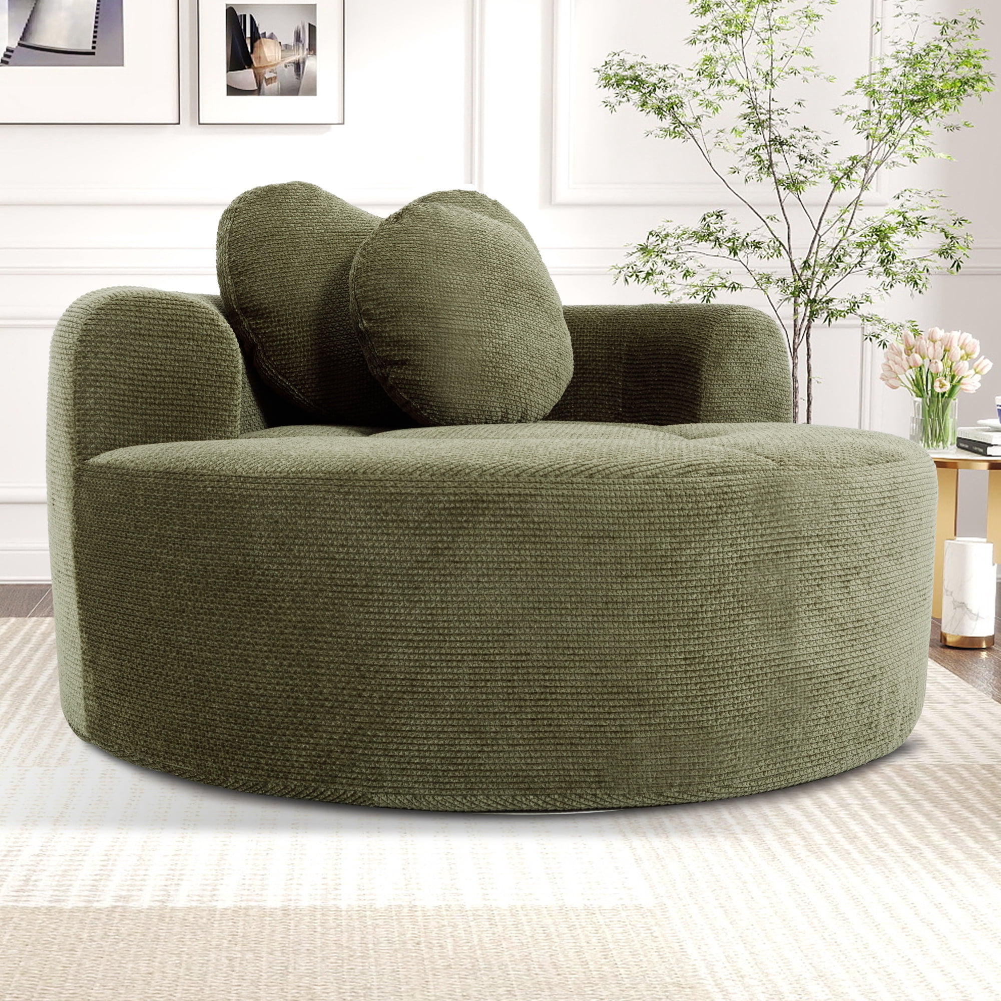 Leumius Oversized Round Chair Lounge Chaise Indoor,Upholstered Round Sofa Bed with Memory Foam,Comfy Cloud Circle Chair with Deep Seat for Living Room Bedroom,No Assembly Required,Green