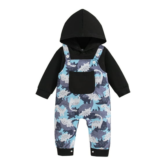 3 Months Baby Boys Clothes 6 Months Boys 2PCS Outfits Set Dinosaur Print Newborn Boys Long Sleeve Hoodie Top Overalls Pants Set Black