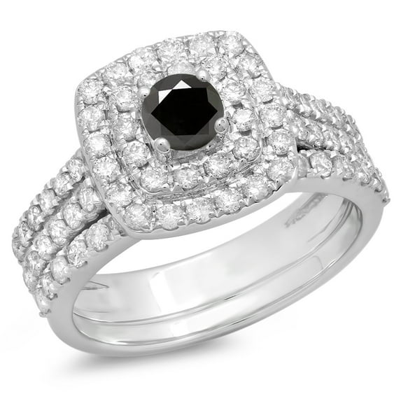 Dazzlingrock Collection 1.50 Carat (ctw) 10K Black & White Diamond Halo Bridal Engagement Set 1 1/2 CT, White Gold, Size 6.5