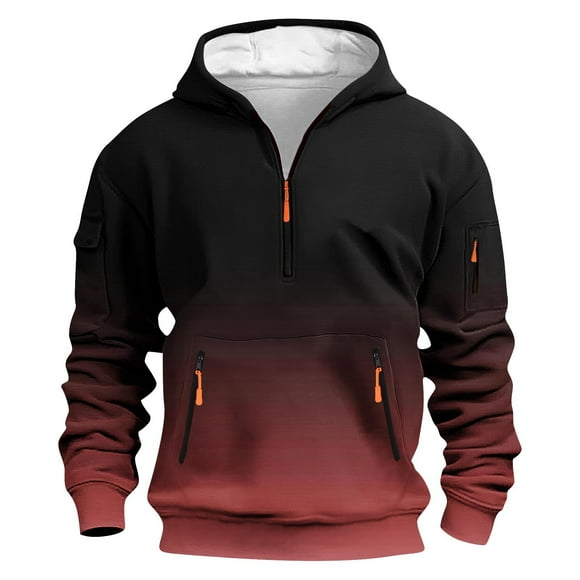 LNWUY (XS-5XL) Big and Tall Men's Fleece Hoodie Casual Gradient Printed Long Sleeve 1/4 Zipper Pullover Sweatshirts with Pockets Red XXXXL