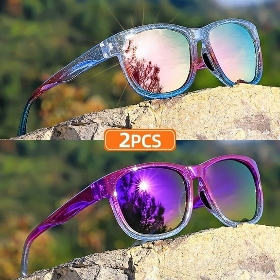2 Pairs of Classic Square Fashion Glasses for Men and Women - Lightweight Colorful Pearlescent Frames Style Glasses