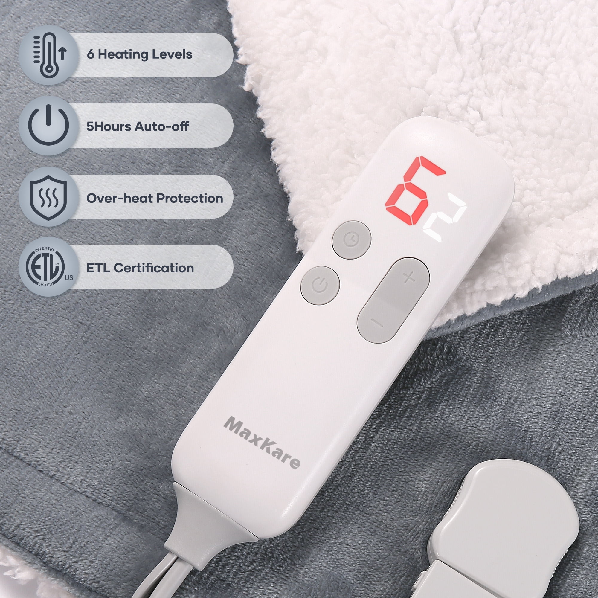 Maxkare Electric Throw Blanket 50" x 60" with 6 Heating Levels & 5 Timer Settings ETL Certification, Flannel & Sherpa, Gray & White