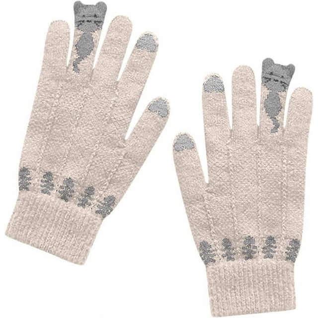 Guantes de invierno cálidos con dibujos de gatos para mujer, guantes de dedos completos para pantalla táctil
