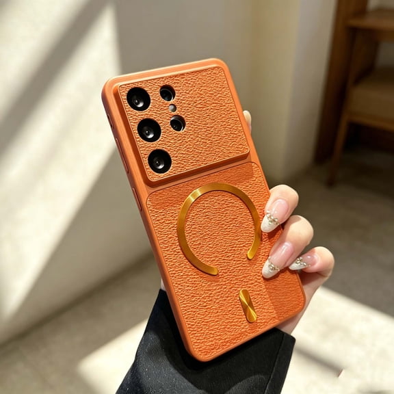 For Samsung Galaxy S24 Ultra Phone Case,Compatible with Mag-Safe,Anti-Scratch Luxury PU Leather Back Design,Non-Slip Hybrid Shockproof Drop Protection,Ultra Slim Classic Rugged Phone Case,Orange