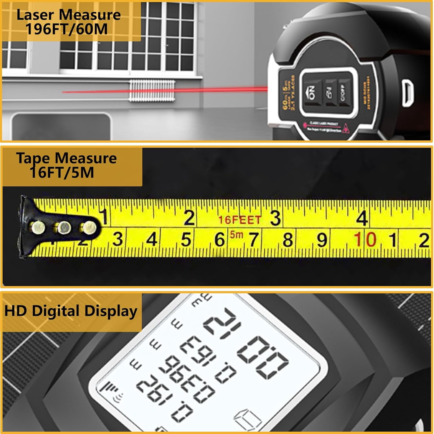 QCZPYP 2-in-1 Infrared Laser Tape Measure: 196Ft/60M Rechargeable Digital Measuring Tape, 16Ft/5M AutoLock Retractable Measuring Tape, Pythagorean, Area, Volume with Switchable Units M/Ft/in