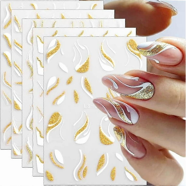 3D Glitter French Lines Nail Stickers for Art Wavy Line Swirl Lines Nail Decals French Nail Sticker White Gold Geometric Strip Curve Nails Stickers