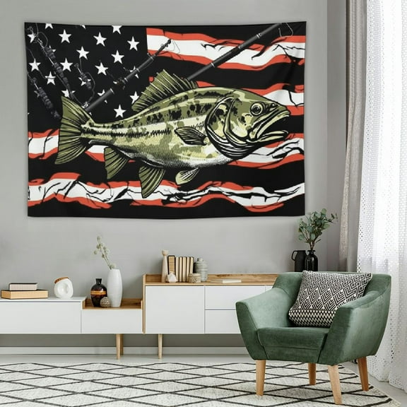 Fenyluxe Country American Flag Fishing Tapestry, Rustic Hunting Bass Fish Camo Lake Black and Green Tapestry Wall Hanging for Men Bedroom, Cabin Tapestries Dorm Home Decor 60x40 Inch