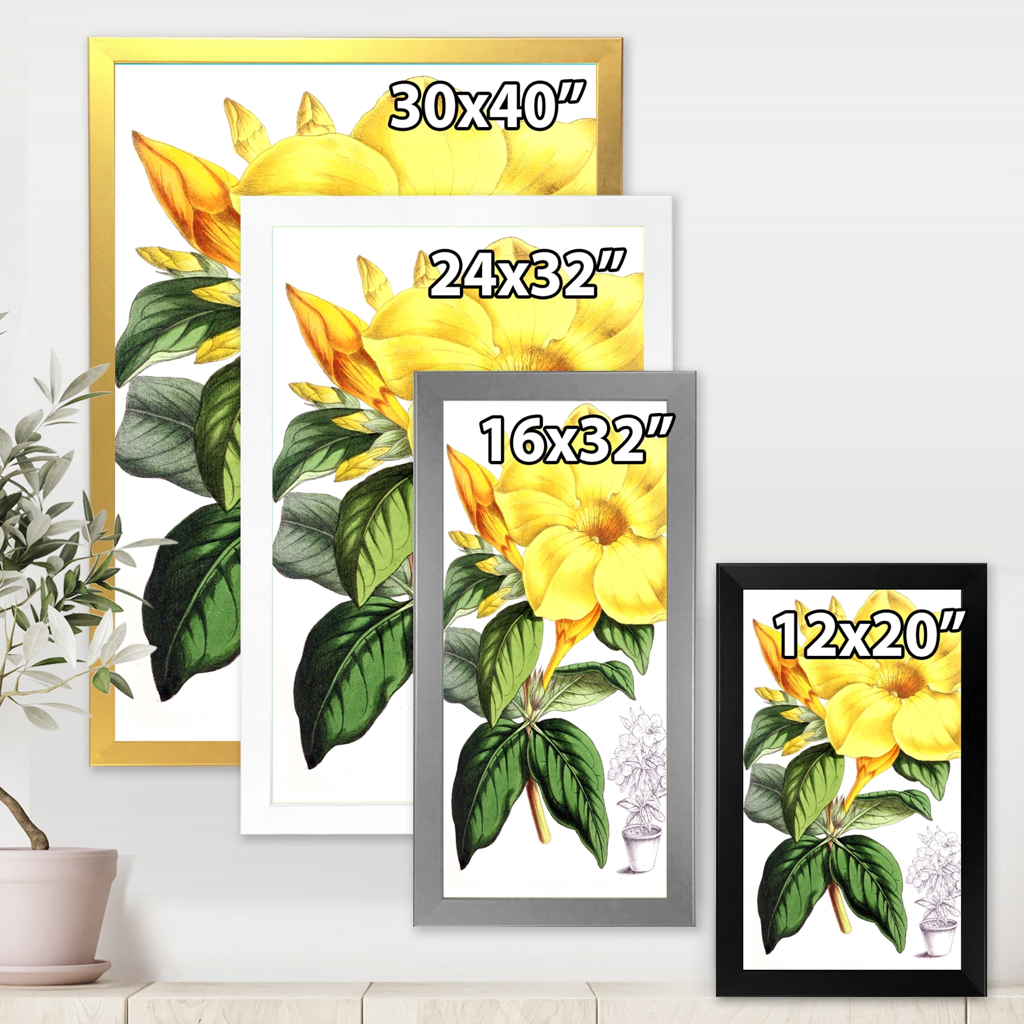 Designart 'Green Leaves With Tropical Yellow Flowers II' Traditional Framed Art Print