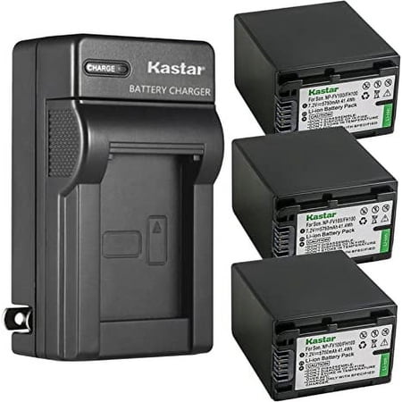 Kastar 3-Pack NP-FH100 Battery and AC Wall Charger Replacement for Sony NP-FH30 NP-FH40 NP-FH50 NP-FH60 NP-FH70 NP-FH90 NP-FH100 Battery BC-TRV Charger HDR-SR80 HDR-SR82 HDR-SR87 HDR-SR90 Camera
