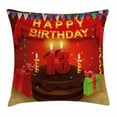 thumbnail image 1 of 13th Birthday Decorations Throw Pillow Cushion Cover, Creamy Chocolate Cake with Candles Presents Ribbons Festive Theme, Decorative Square Accent Pillow Case, 18 X 18 Inches, Multicolor, by Ambesonne, 1 of 2