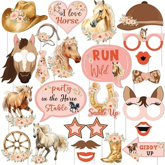 24pcs Horse Photo Booth Props for Girl Pink, Horse Race Farm Animal Run Wild Theme Happy Birthday Decorations, Baby Shower Party Favors Supplies