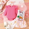 thumbnail image 5 of FASHOFT Toddler Baby Girl Easter Outfit Ruffle Long Sleeve Romper Rabbit Prints Skirts with Headbands 3 Piece Spring Outfits Hot Pink 3-6 Months, 5 of 9