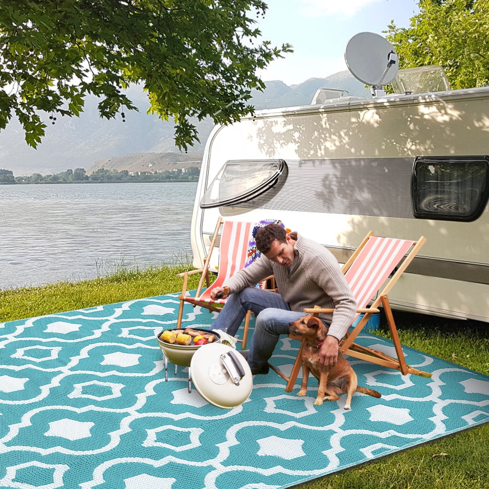GlowSol 9'x12' Outdoor Rug Moroccan Style Plastic Straw Rug Waterproof Reversible Mat Outdoor Foldable Rug for Camping Patio Picnic, Light Blue White