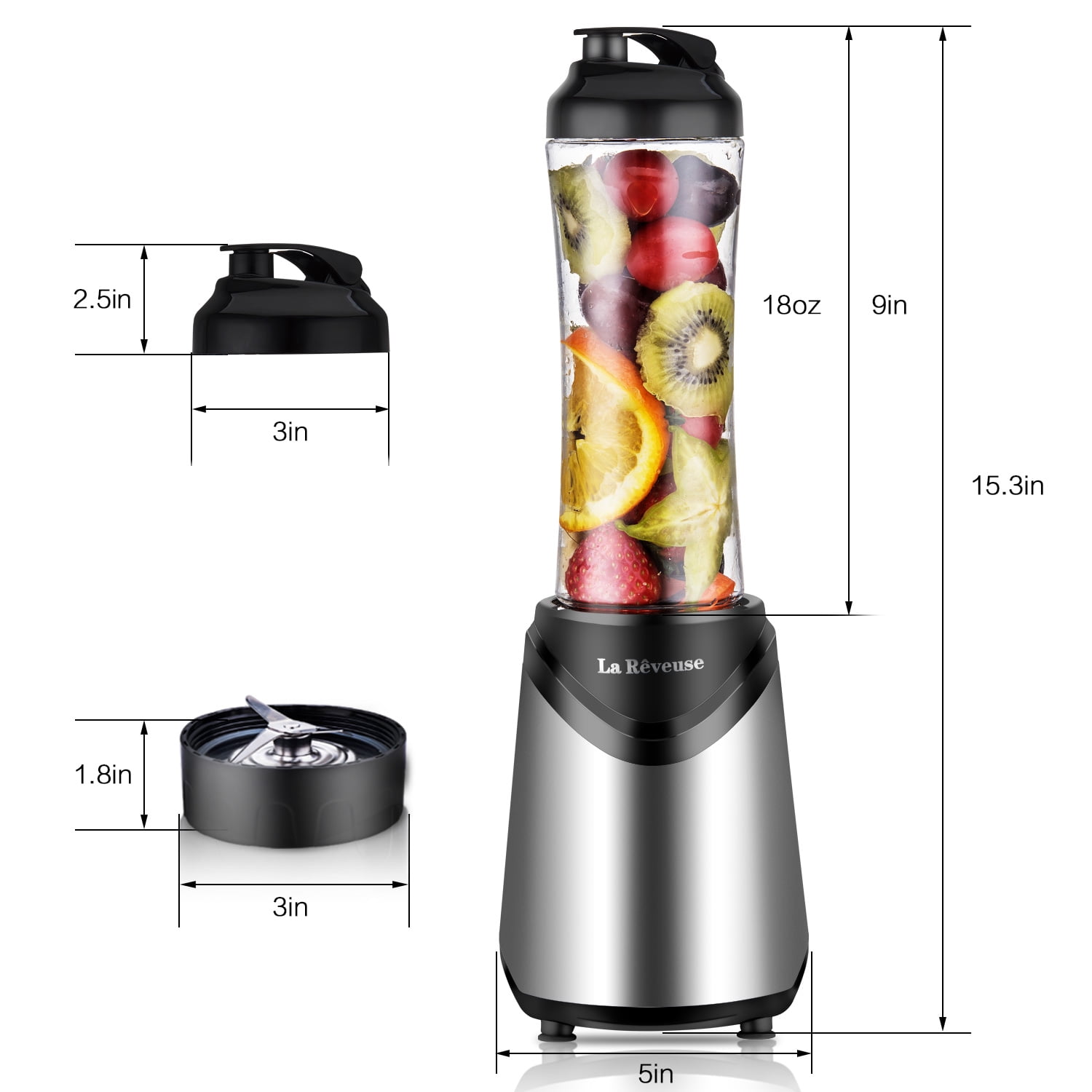 La Reveuse Personal Blender Making Shakes and Smoothies 1000 Watt-with 24 oz BPA Free Portable Travel Bottle Black Dishwasher Safe 