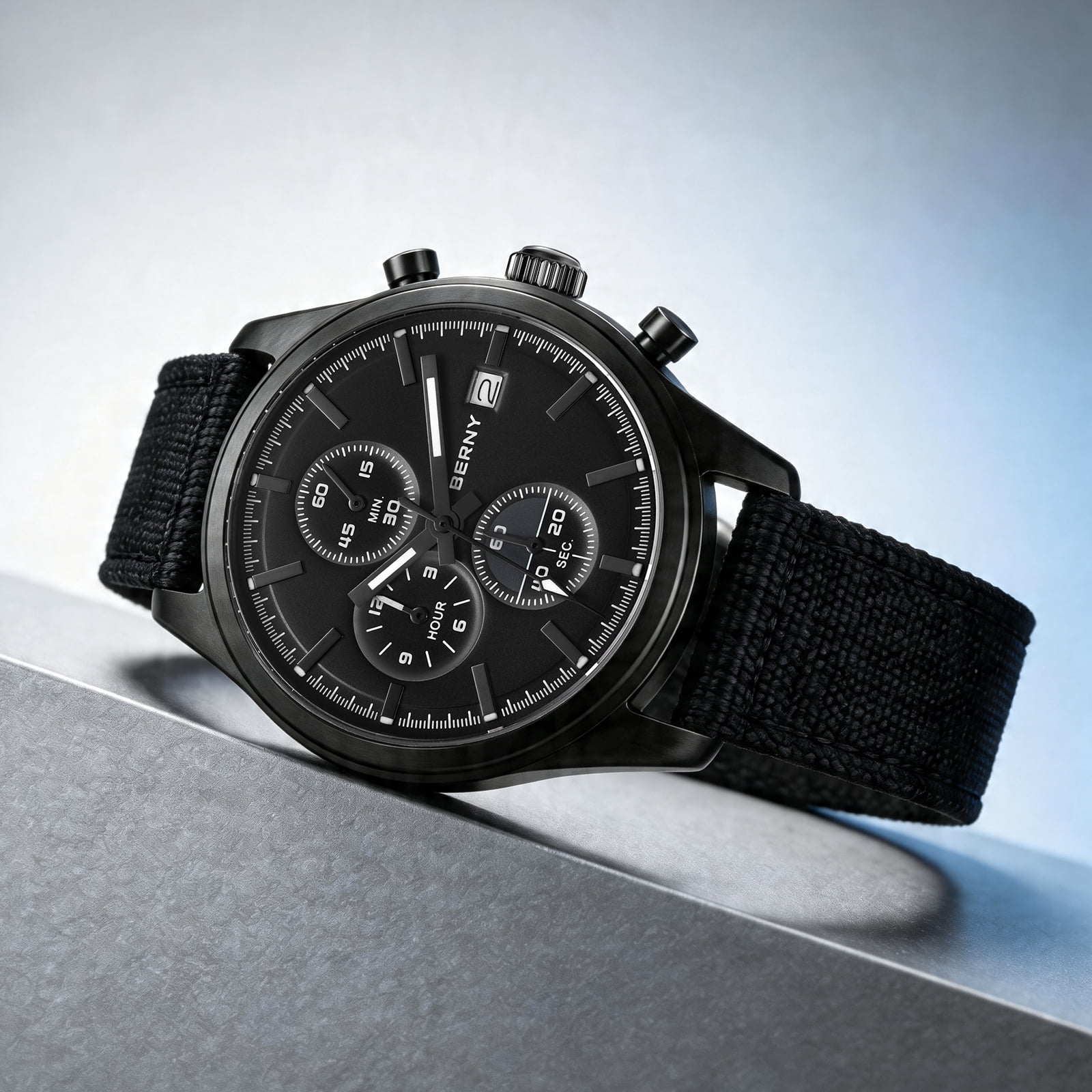 BERNY Mens Watches Analog Quartz Chronograph Watch with Date Canvas Strap Luminous Sapphire Crystal Luxury Fashion Business Casual 50M Waterproof Wrist Watches for Men (Black)
