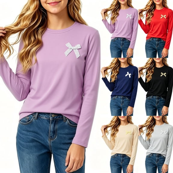 Auroural Girls Shirts Size 10-12 Long Sleeve Girls Crew Neck Long Sleeve Cotton Top Cute Bow Embroidery Casual Basic Tee Shirt Girls Basic Top