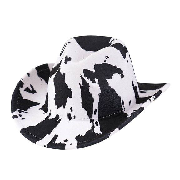 oqasdz Classic Cow Print Cowboy Hat Curled Wide Brim Hat for Party Festival Stage Performance Theme Event Dress‑Up Fashion Headwear